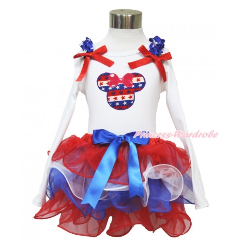 American's Birthday White Baby Long Sleeves Top with Patriotic American Star Ruffles & Red Bow & Red White Blue Striped Star Minnie Print with Royal Blue Bow Red White Blue Petal Baby Pettiskirt NQ32